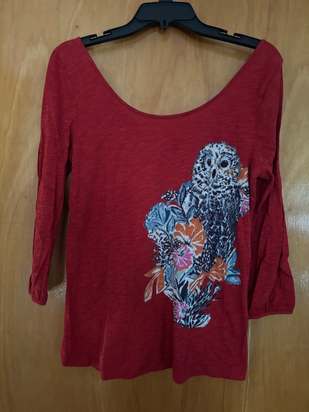 Scoop Neck Long Sleeve Top with Owl & Floral Print - Red